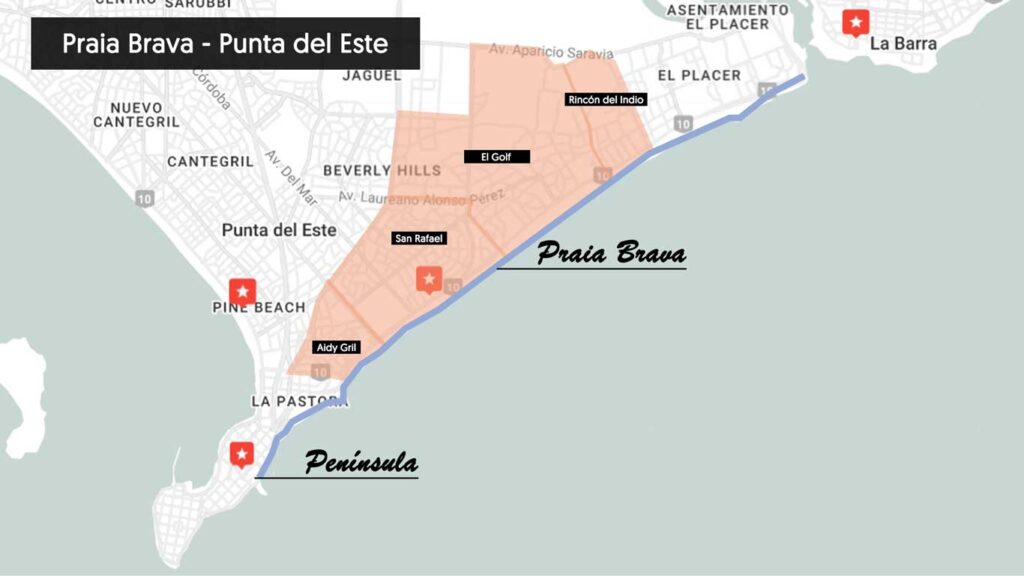 Mapa de localização dos melhores bairros para ficar em Punta del Este, na Praia Brava.