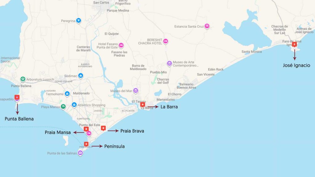 Mapa destacando as melhores regiões onde ficar em Punta del Este.