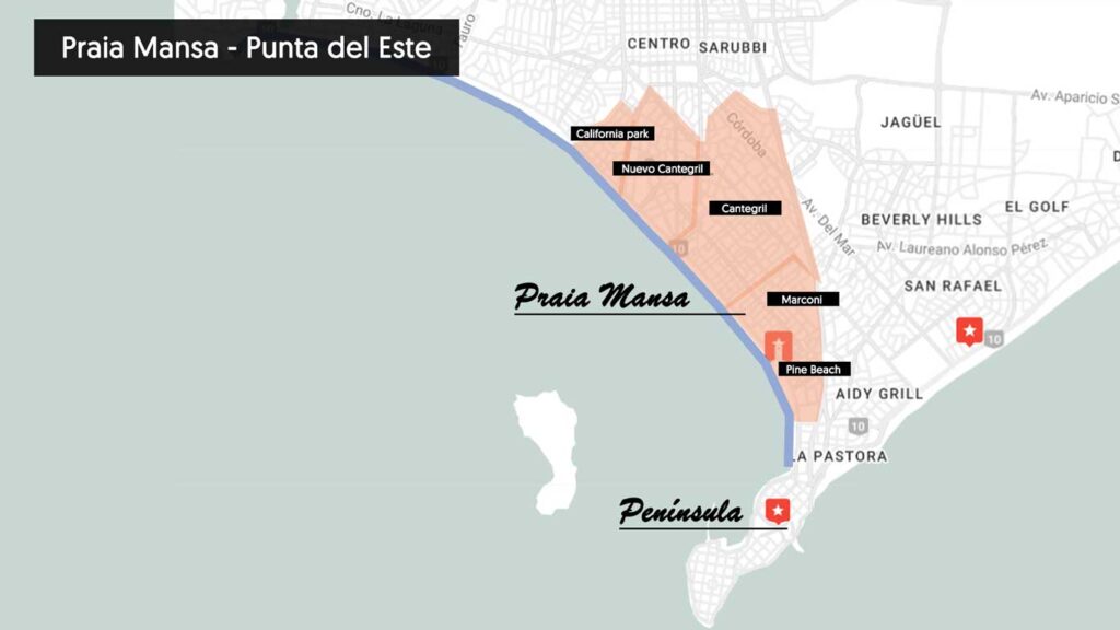 Mapa de localização, indicando os melhores bairros para se hospedar em Punta del Este, na Praia Mansa.