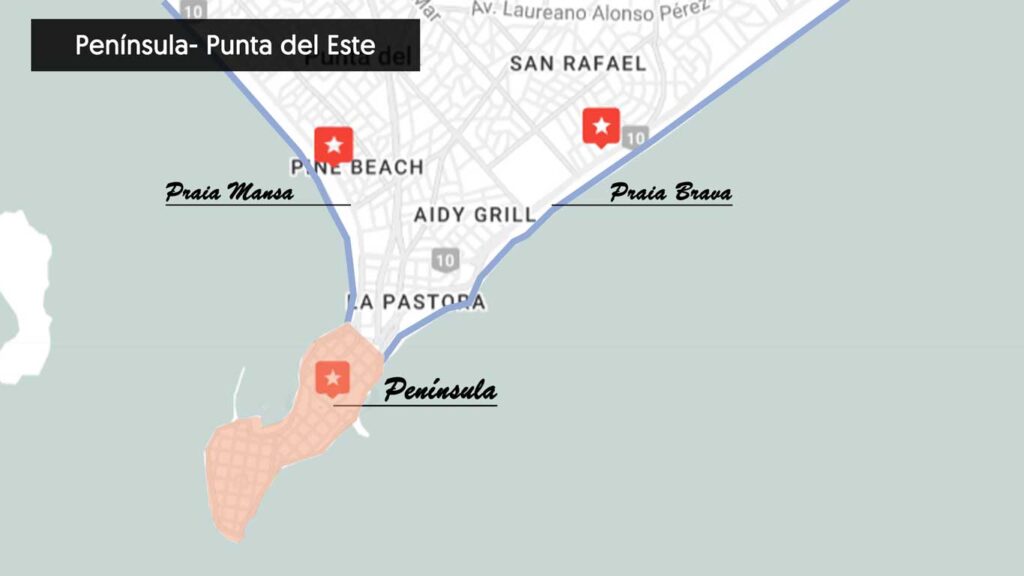 Mapa de localização da Península, o bairro mais popular onde ficar em Punta del Este.