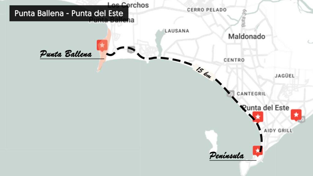 Mapa de localização de Punta Ballena, um dos melhores lugares para famílias ficarem em Punta del Este.