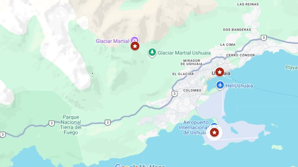 Mapa indicando as regiões de onde ficar em Ushuaia.